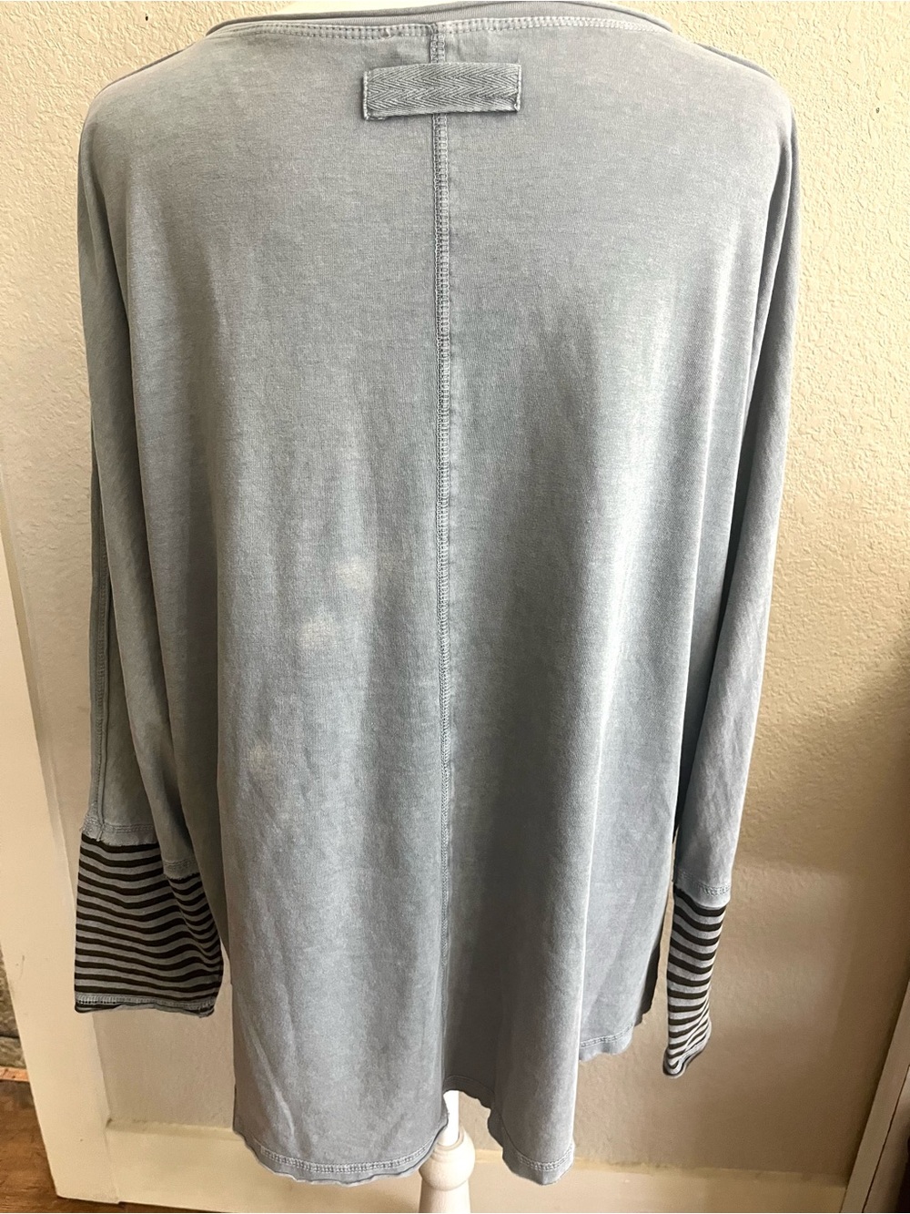 Easel Women’s Light Blue Long Sleeve Henley Top with Striped Cuffs - Picture 4 of 8